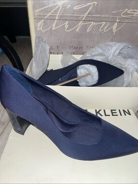 Anne Klein Navy Pointed Block Heel Pumps